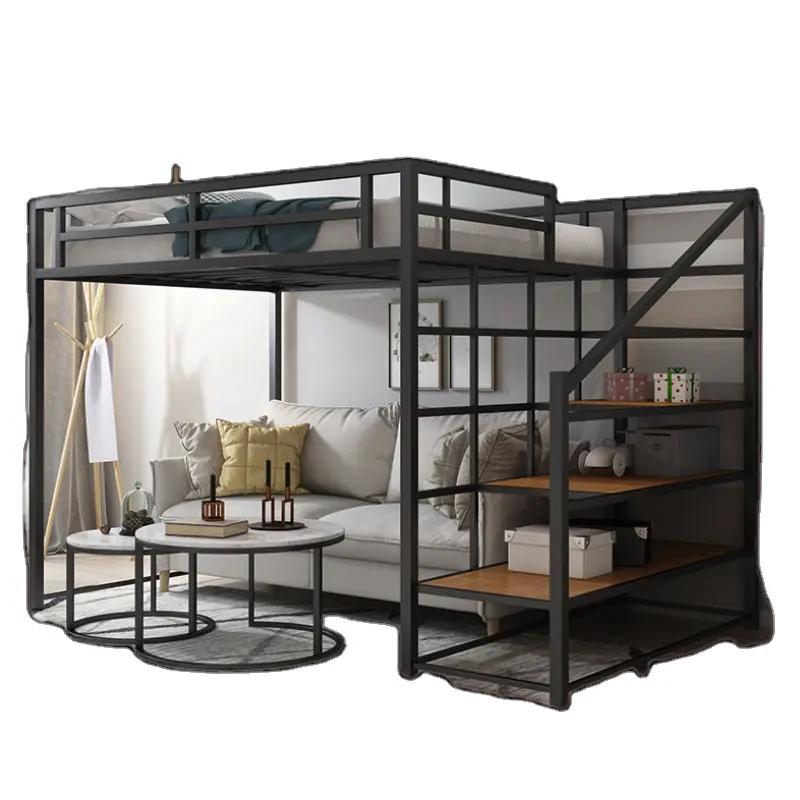 Adult Loft Bed School Hotel Apartment Dormitory Wrought Iron Double Loft Bed Bed Under Office Game Table With Banister Stairs