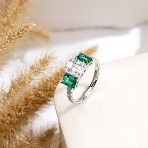 Messi Jewelry MSR-2125 9K Gold Marquise Shape Three Stone Lab Grown <b>Diamond</b> Lab Emerald <b>Ring</b> Wedding <b>Ring</b> for Women - Product Image 4