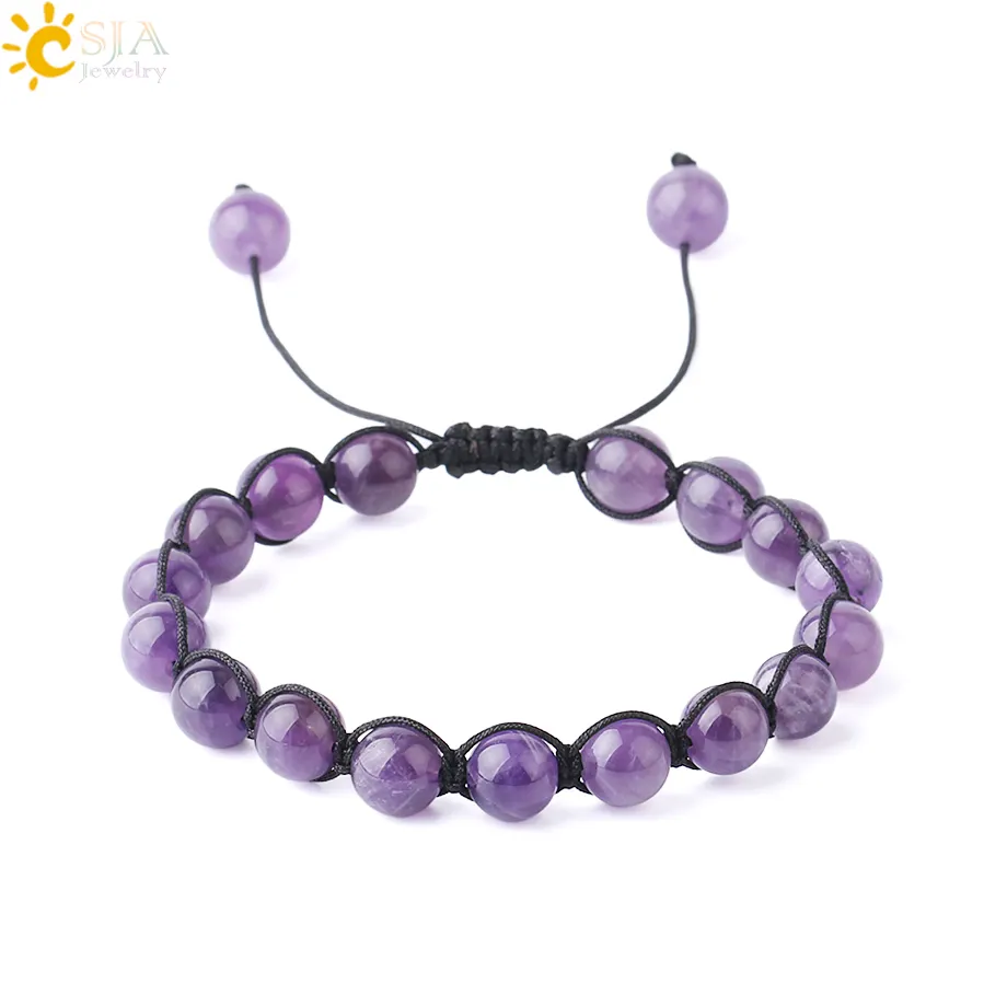 CSJA hot 8mm natural purple crystal healing stone adjustable woven bracelet handmade jewelry for men women F730