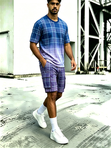 Ensemble de survêtement 2 pièces pour homme : T-shirt dégradé bleu-violet à carreaux et short cargo à carreaux - Product Image 4
