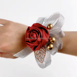 Girl Bridesmaid Wrist Corsage Bridal Silk Wrist Flower with Faux Pearl Bead Stretch Bracelet