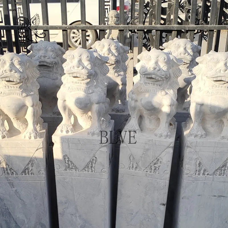Декоративная резная вручную садовая статуя фэн-шуй из белого мрамора, сидящая статуя собаки фу-пса, китайская статуя льва, скульптура для передней двери