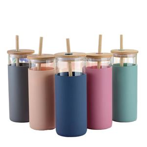 Reusable 500Ml 600Ml 750Ml Bamboo Lid Glass Tumbler Borosilicate Glass Milk Coffee Juice <b>Bottle</b> Tumbler Cup With Straw - Product Image 1