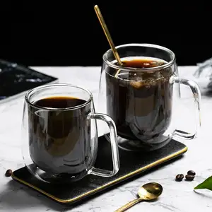 Taza de café Espresso con aislamiento de borosilicato, taza de vidrio transparente con mango, doble pared, con tapa de Bambú