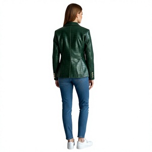 Blazer en similicuir vert à motif crocodile gaufré, simple boutonnage, col rabattu, manches longues, veste d'automne pour femme - Product Image 2