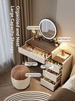 Ensemble de coiffeuse moderne crème et noyer avec miroir LED, bureau de maquillage avec commode à 3 tiroirs et chaise à pattes, meuble de rangement arrondi pour chambre à coucher