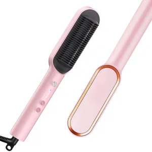 Spazzola per raddrizzare i capelli rosa mini ferro da stiro per capelli con pettine incorporato pettine per capelli professionale 2in1 Salon