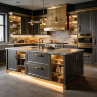 Meubles de cuisine de luxe minimalistes avec accents dorés, lave-vaisselle intégré et éclairage d'ambiance sous l'îlot