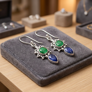 Amazing 925 Sterling Silver Drop Earrings with Kashmiri Emerald Sapphire Cute Design for Wedding Party & Gift - Product Image 3