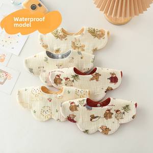 Bavoir imperméable double usage de style coréen, 100% coton, motif de fleurs ondulées pour bébés et tout-petits - Product Image 2