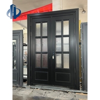Puerta de Entrada Pivotante de Vidrio Texturizado Arqueado Estilo Francés Clásico, Puerta de Seguridad de Aluminio Negro Mate con Luz Lateral Dividida, Puerta de Entrada Residencial