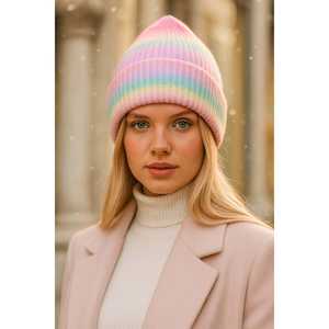 Bonnet en laine épaisse tissée noire à rayures croisées pour femme avec pompon Bonnet 1140 - Product Image 5