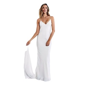 <b>Spaghetti</b> <b>Strap</b> V Neck Backless Sheath Wedding Dress White Crepe Fishtail Long Gown For Women - Product Image 5