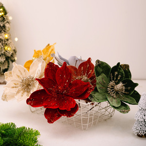 Flores de Magnolia Artificiales con Purpurina, Decoraciones Colgantes para Árbol de Navidad, Tela Impermeable, Alta Calidad, Ecológicas - Product Image 4
