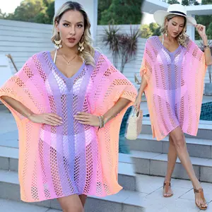 2024 Fashion Summer Crochet Beach Wearing Women Swimsuit Rainbow Knit Loose Bikini Cover up Beachwear