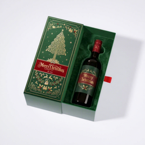 Caja de Regalo de Vino Navideña, Caja Rígida Verde con Cajón, Estampado Dorado y Forro de Satén para Regalos Navideños - Product Image 1