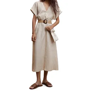 Новое модное платье от производителя льняное женское льняное платье с короткими рукавами на заказ белое Летнее льняное платье
