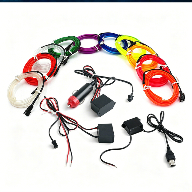 Car EL Wire Interior Ambient Light Strip 10 Colors Flexible Neon Cold Light Kit USB Cigarette Lighter Auto Dashboard Atmosphere