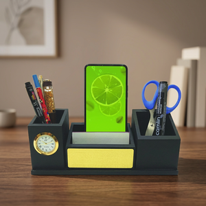 Organisateur de bureau en bois personnalisé, porte-cartes de visite, porte-cartes de nom de bureau avec porte-stylo, porte-crayon, ciseaux, horloge - Product Image 5