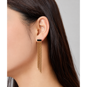 ต่างหูพู่ห้อยโซ่ลูกปัด สแตนเลสชุบทอง 14K สีดำแบบสุญญากาศ ต่างหูห้อยยาวห้าเส้น - Product Image 5