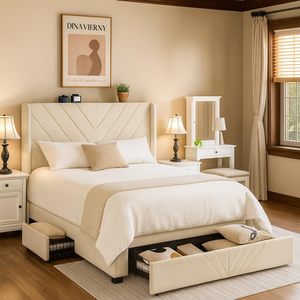 Dark Grey King Bed Frame <strong>USB</strong> Type-C Charging <strong>Ports</strong> Modern Style Metal <strong>Upholstered</strong> Platform Padded <strong>Headboard</strong> Storage Drawers - Product Image 1