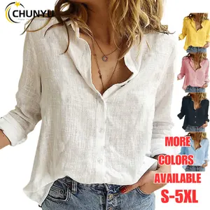 Femmes printemps décontracté couleur unie à manches longues retroussées coton lin col en V boutonné hauts Blouses chemise mince