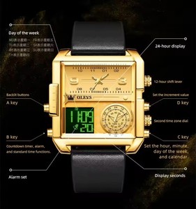   Montre pour homme, bracelet en cuir tendance, montre électronique carrée à quartz, montres pour hommes, double fuseau horaire, alarme, chronomètre lumineux - Product Image 3