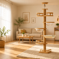 Arbre à chat en bois massif multicouche avec poteau à griffer fixé au plafond, espace multifonctionnel, panier « capsule spatial