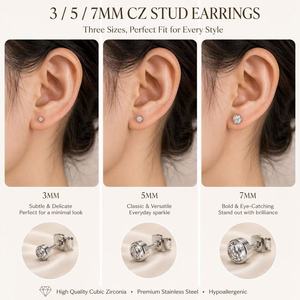 Pendientes de Acero Inoxidable con Circonita Cúbica, Redondos, Tipo Cúpula, Resistentes al Agua, Hipoalergénicos, 3mm 5mm 7mm - Product Image 6