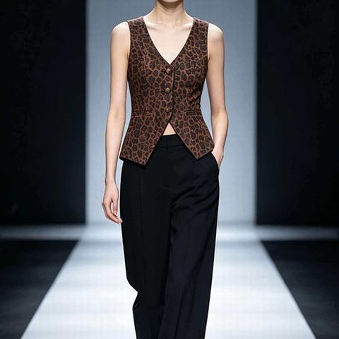HN3261-1 Women's Faded Light Coffee Leopard Print 3-Button Fitted British Style Vest V-Neck Suede Sheepskin Waistcoat