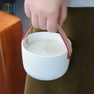Runde Schüssel Form Luxus Keramik Duft kerzen behälter Gläser mit Bambus deckel und Griff