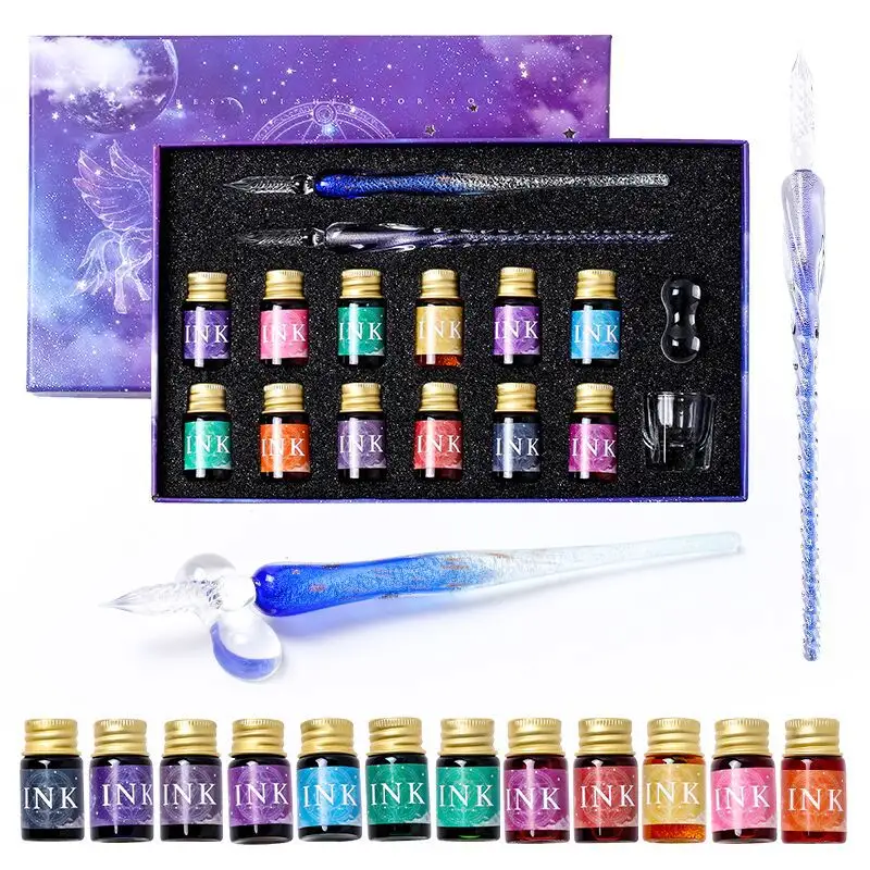 Bview Art 16 Pack 12 Kleurrijke Inkt 2 Kalligrafie Kristal Dip Pen Glazen Dip Pen Set Met Penhouder Reinigingsbeker
