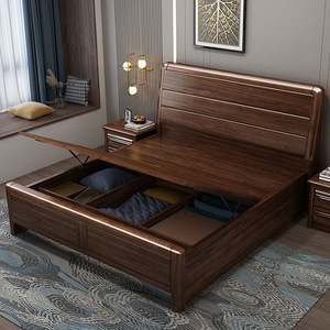 Solid Wood <b>Bed</b> 1.8m Walnut Storage High <b>Box</b> Bedroom Furniture Master Bedroom Use - Product Image 1