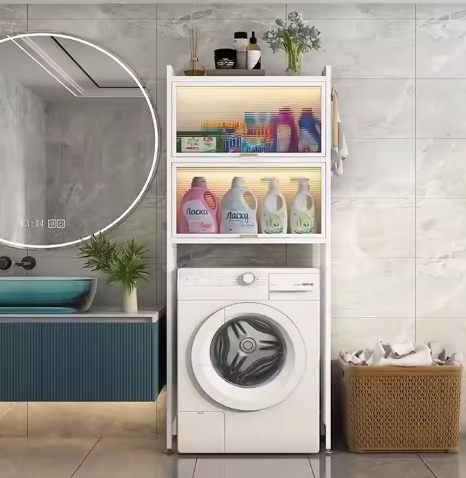 Estanterías de lavado de tres niveles y dos puertas, color blanco.