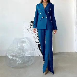 Traje de manga larga con cuello de pico para mujer, traje de dos piezas de alta calidad con botones, Color sólido, novedad de 2022