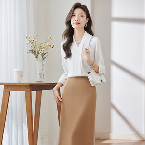 Women's White Chiffon Blouse Three Quarter Sleeve V Neck Professional Workwear Shirt Solid Color Polyester Fabric - Product Image 3