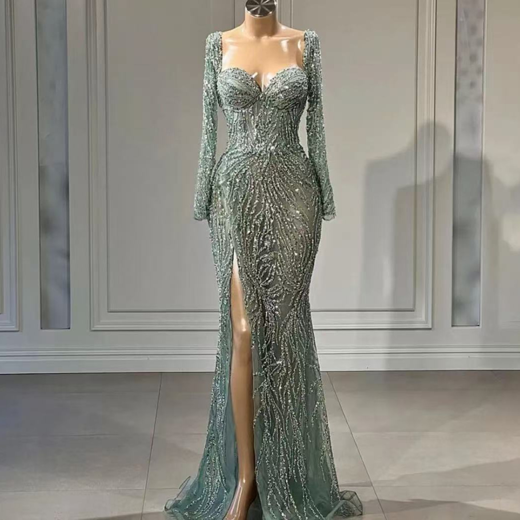 long elegant legs dresses Feathered Long Black Beaded Prom Dress 9312 main image 1