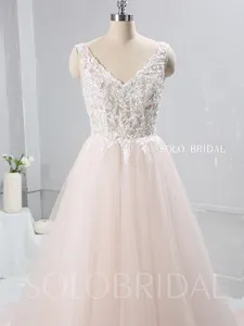 Wholesaler Of Custom Made Wedding Dresses Designed Blush Pink A Line Tulle Wedding Dress V Neckline Lady Bridal Wedding Dress