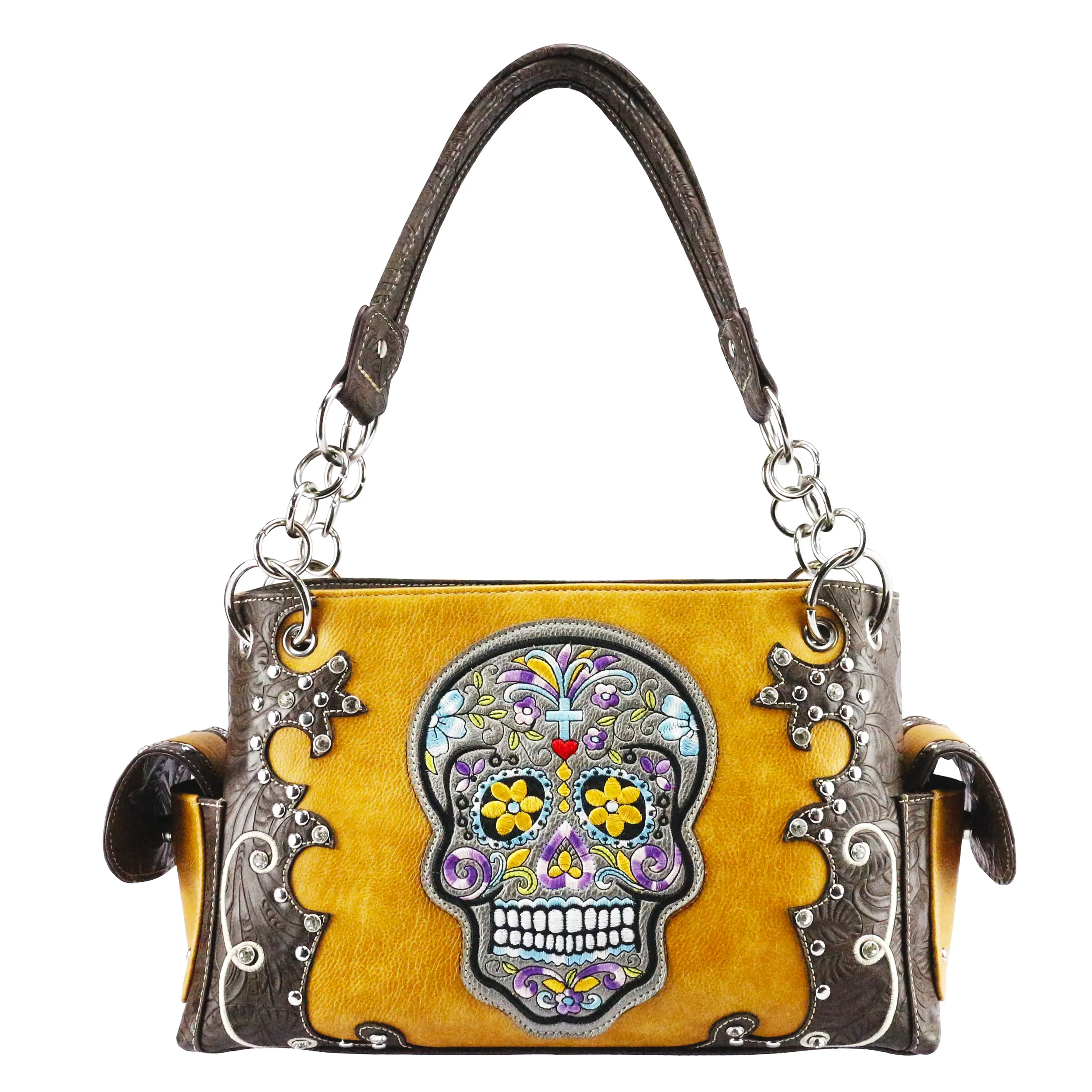 Custom Skull Embroidery Handbag Laser Engraving Tooled Leather Women Purse