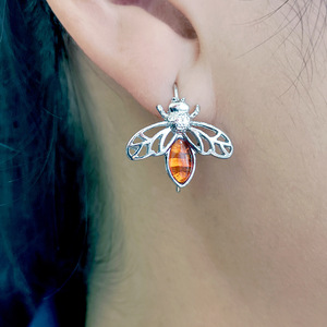 Amber <b>Bee</b> Shaped Stud Earrings, Vintage Insect Pattern Ear Jewelry For Daily Outfit - Product Image 4