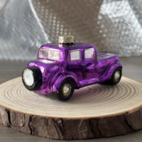 Hiasan Gantung Pohon Natal Ungu Emas dengan Glitter, Ornamen Kaca Mobil Vintage Natal, Figurine untuk Dekorasi Pesta Rumah