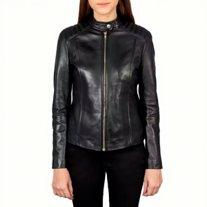 Chaqueta de cuero genuino negro para mujer, estilo motero, con cuello alto, hombros acolchados, piel de oveja, cremallera frontal, corte ajustado, personalizada, cálida, nueva. - Product Image 1