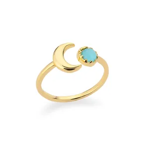 Joyería delicada de moda, joyería fina, anillos chapados en oro de ópalo solar con piedra, anillo de dedo abierto ajustable con piedra lunar para mujer