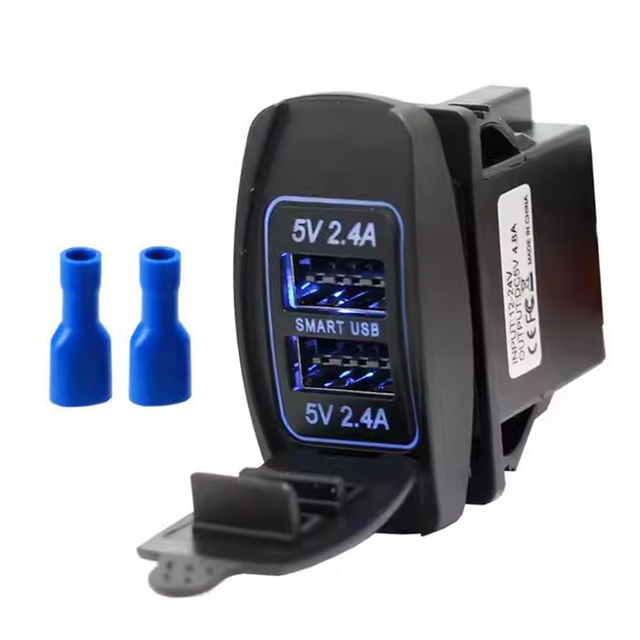 Waterproof 12V 24V 4.8A Rocker Switch Panel Mount Double Port USB Charger Car Charging Socket with Blue LED