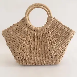 Bolsa redonda para praia, nova bolsa de mão de cor natural, desenho feita à mão, tecido, boêmio, feminina