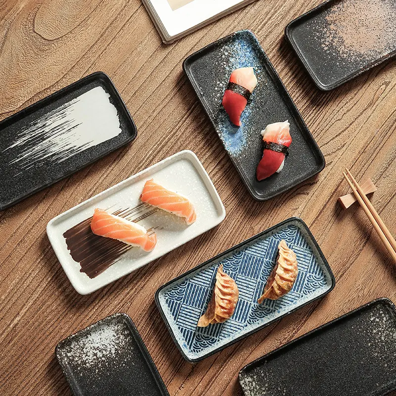 Alta calidad de lujo de porcelana Rectangular estilo japonés 4,5 pulgadas Sushi bandeja grande largo plano onda Negro Azul platos de cerámica
