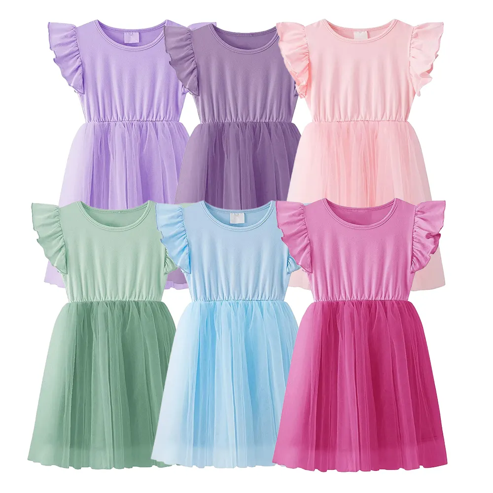 Baby Girl Solid Color Round Neck Tulle Kids Wear Dress Flutter Sleeves Party Dress Kids Summer Clothing Summer Dress 2023