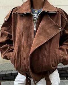 Blouson Bomber <span class=keywords><strong>Vintage</strong></span> <span class=keywords><strong>Femme</strong></span> à Manches Longues avec Fermeture Éclair, Veste Décontractée à Revers pour l'Automne et l'Hiver, Style <span class=keywords><strong>Moto</strong></span> - Product Image 2