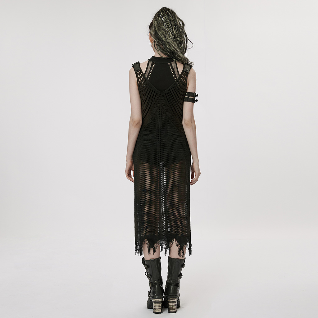 Punk Rave WQ-631LQF 2023 women sexy large V-neck the post-apocalyptic techwear style knitted hollow out one-piece vest dress