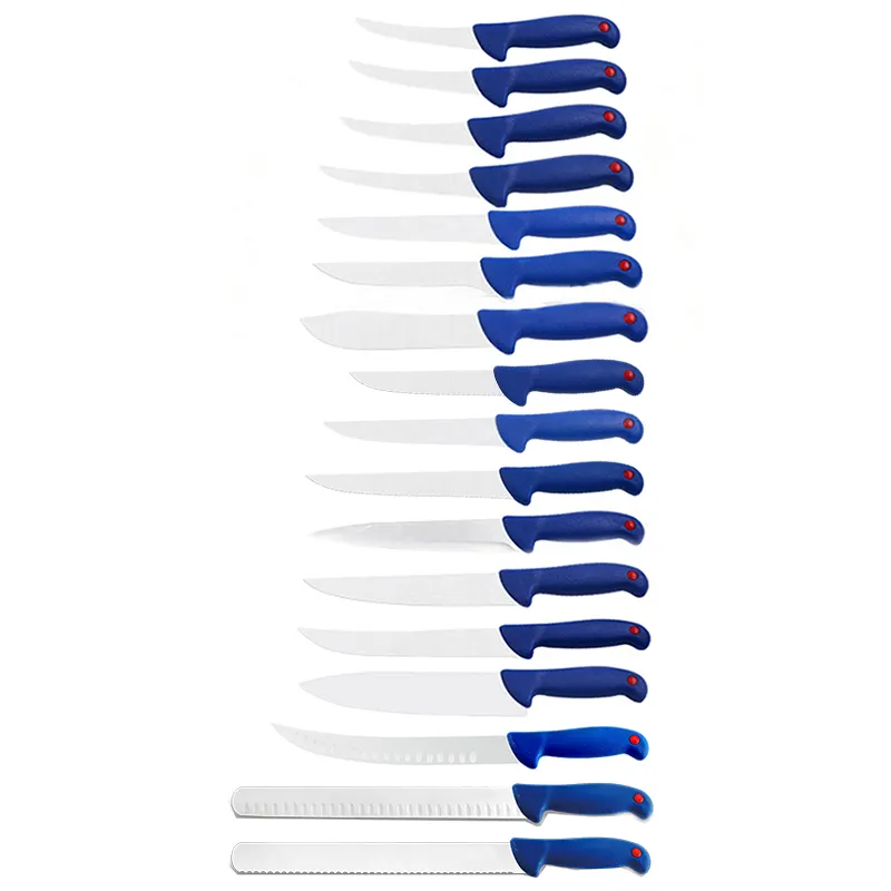 Ensemble de couteaux à filet de poisson tranchants en stock pour désosser le dépouillement coupe de boucher avec manche bleu en PP ensemble de couteaux à filet de pêche